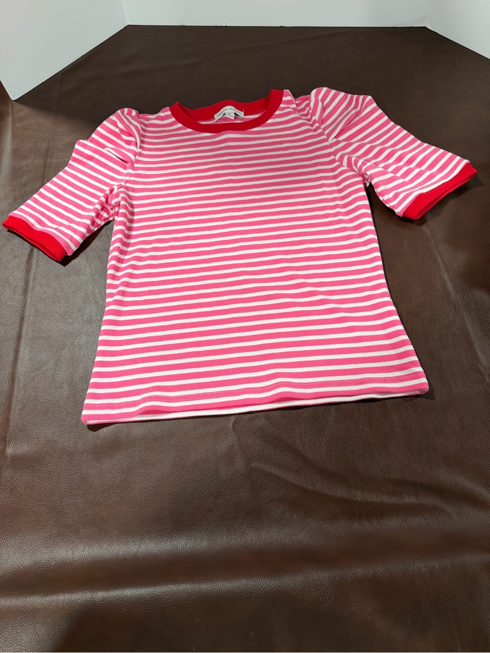 Rebecca Minkoff Pink Stripe Puff Sleeve Ribbed Top Size Medium